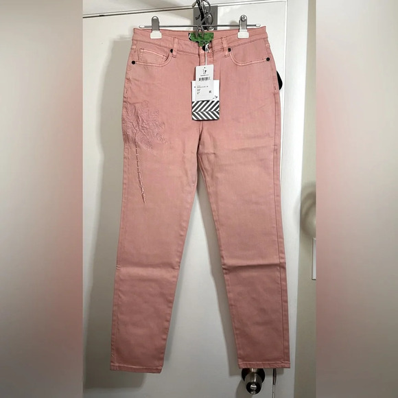 NWT Sandrine Rose Pink Embroidered Palm Tree Skinny High Waist Jeans Size 30 - Picture 4 of 8